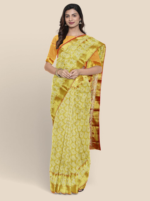 

KLM Fashion Mall Yellow & Golden Woven Design Kanjeevaram Saree