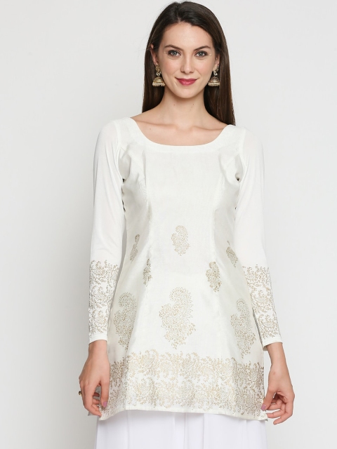 

Ira Soleil Women Off White & Gold-Coloured Printed A-Line Kurti