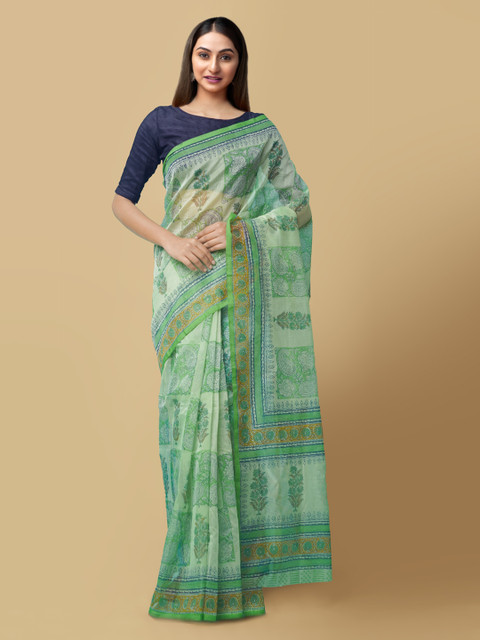

Unnati Silks Green & Cream-Coloured Supernet Printed Patola Handloom Saree