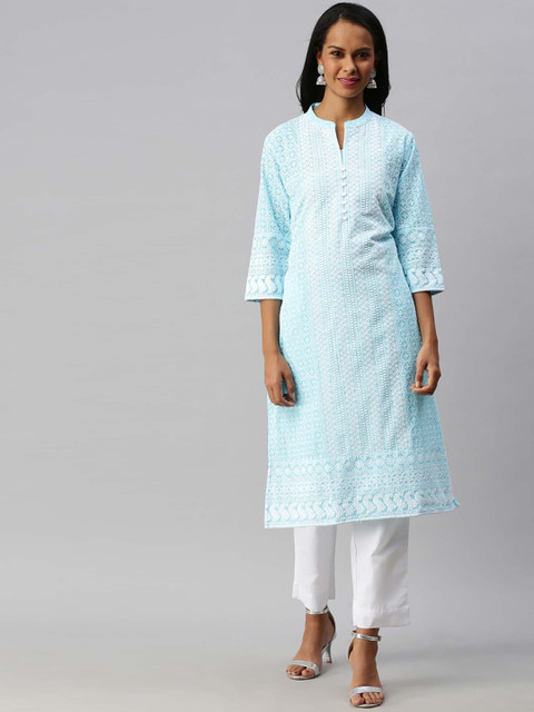 

Soch Women Blue & White Geometric Embroidered Pure Cotton Chikankari Kurta
