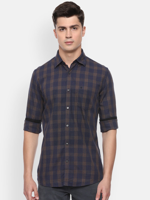 

Peter England Men Navy Blue & Brown Checked Slim Fit Cotton Casual Shirt