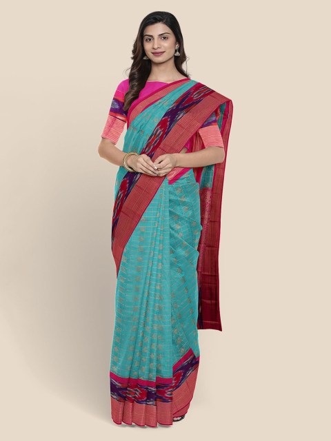 

KLM Fashion Mall Blue & Golden Checked Chanderi Saree