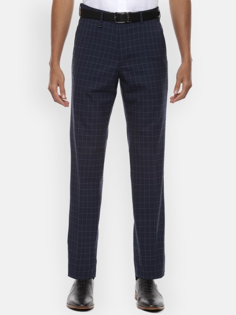 

Van Heusen Men Navy Blue & White Regular Fit Checked Formal Trousers