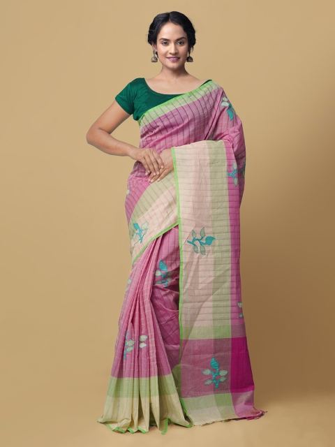 

Unnati Silks Pink Pure Cotton Checked & Applique Handloom Mangalagiri Saree