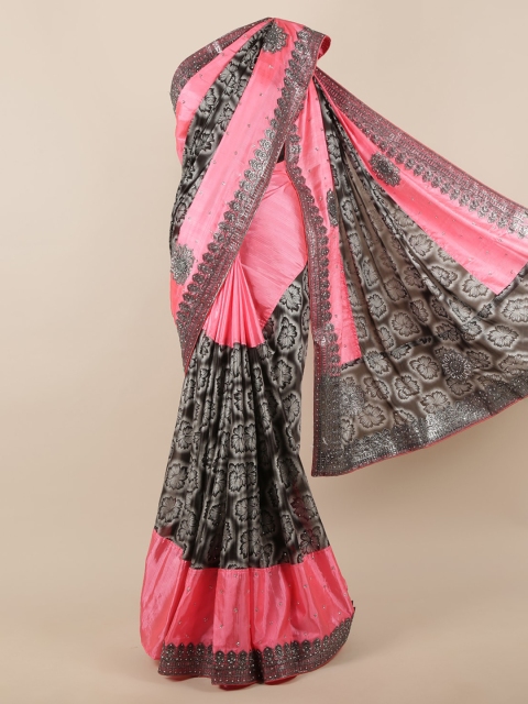 

Pothys Black & Pink Floral Print & Embellished Saree
