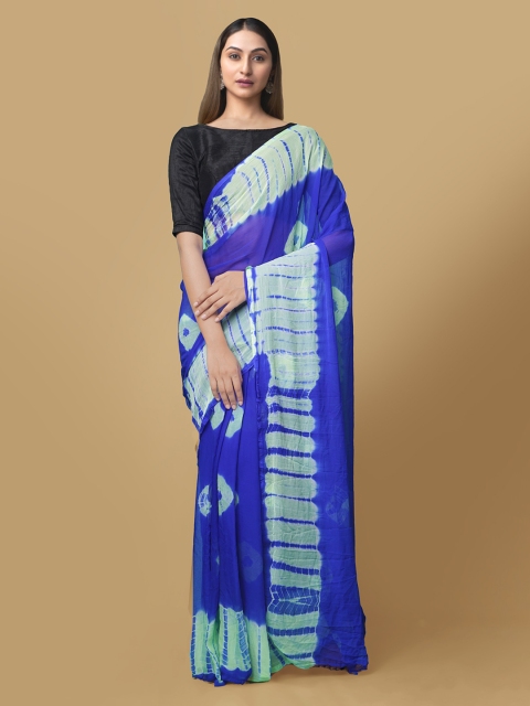 

Unnati Silks Blue Pure Chiffon Dyed Bhagalpuri Saree