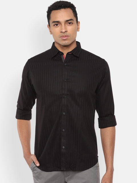 

V Dot Men Black Pure Cotton Slim Fit Self Striped Casual Shirt