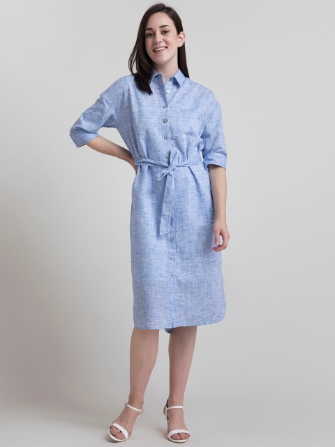 

FableStreet Women Blue Solid Pure Cotton Shirt Dress