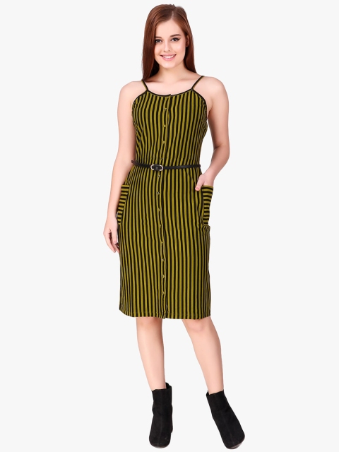 

Texco Women Black and Olive Green Striped Sheath Dress