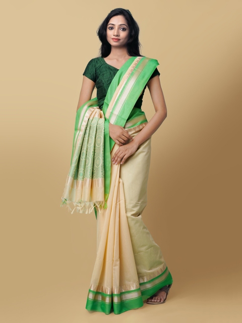 

Unnati Silks Cream-Coloured Silk Cotton Solid Baluchari Saree