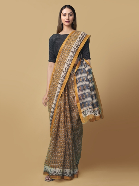 

Unnati Silks Brown Pure Cotton Printed Bagru Saree