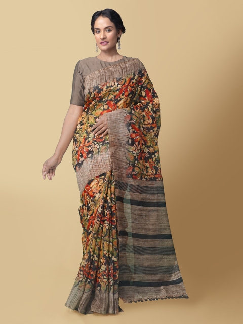 

Unnati Silks Black & Brown Art Silk Printed Block Print Saree