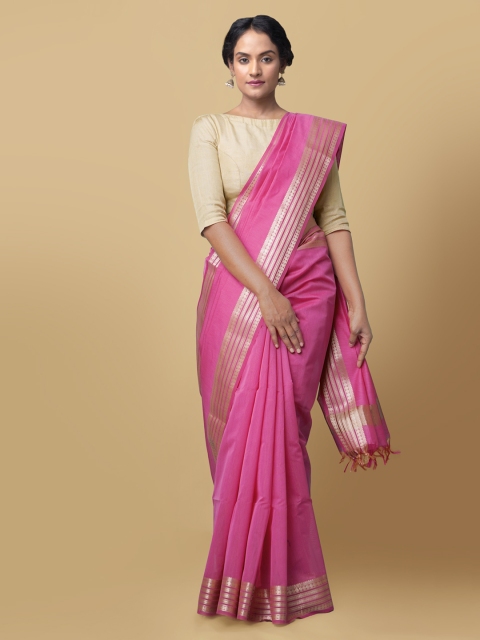 

Unnati Silks Pink Solid Handloom Baluchari Saree