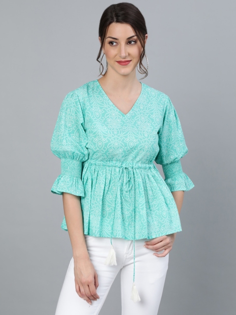 

Nayo Green & White Printed Bell Sleeves Pure Cotton Cinched Waist Top
