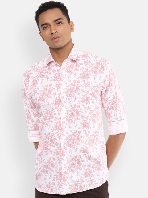

V Dot Men White & Pink Pure Cotton Slim Fit Printed Casual Shirt