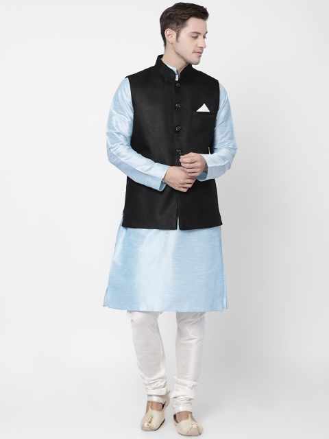 

TABARD Men Blue & Black Solid Kurta with Churidar & Nehru jacket