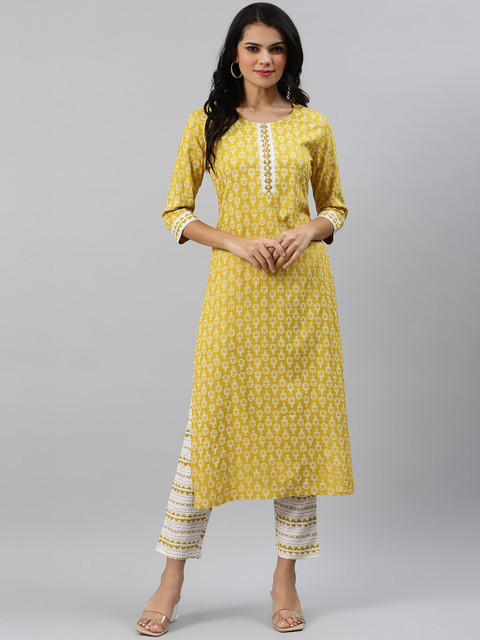 

Sringam Women Yellow & Off-White Printed Kurta with Trousers