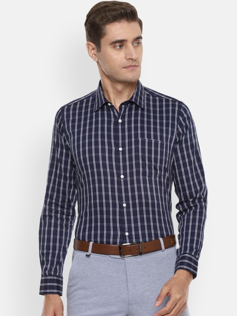 

Van Heusen Men Navy & White Blue Slim Fit Checked Formal Shirt, Navy blue