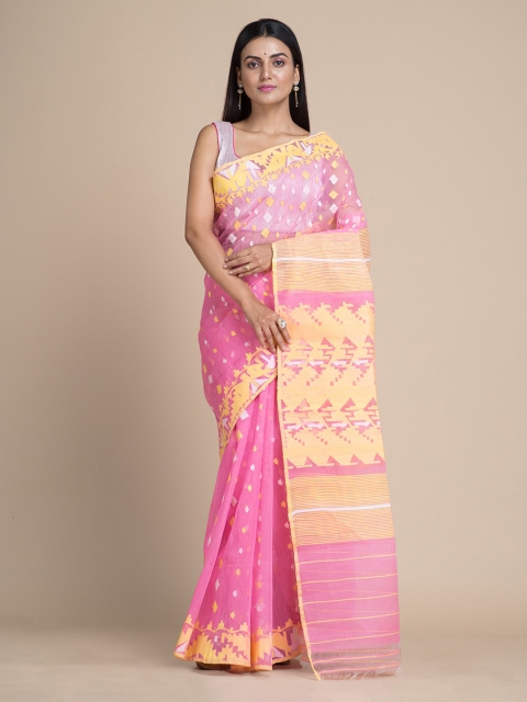 

Mitera Pink & Cream-Coloured Silk Cotton Woven Design Jamdani Saree