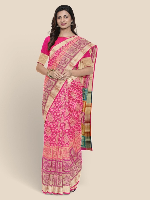 

KLM Fashion Mall Pink & Off-White Printed Kanjeevaram Saree