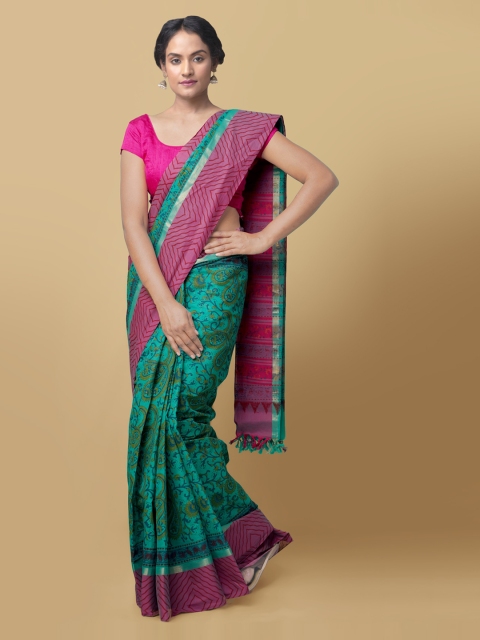 

Unnati Silks Green & Blue Pure Cotton Printed Handloom Mangalagiri Saree