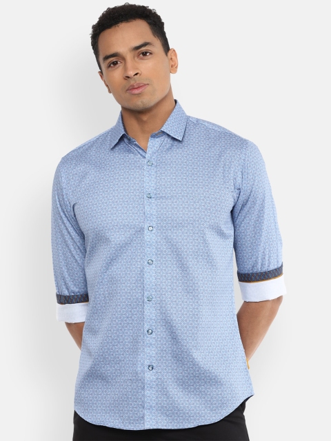 V Dot Men Blue & White Pure Cotton Slim Fit Printed Casual Shirt