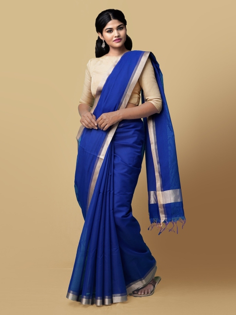 

Unnati Silks Blue Silk Cotton Solid Handloom Baluchari Saree