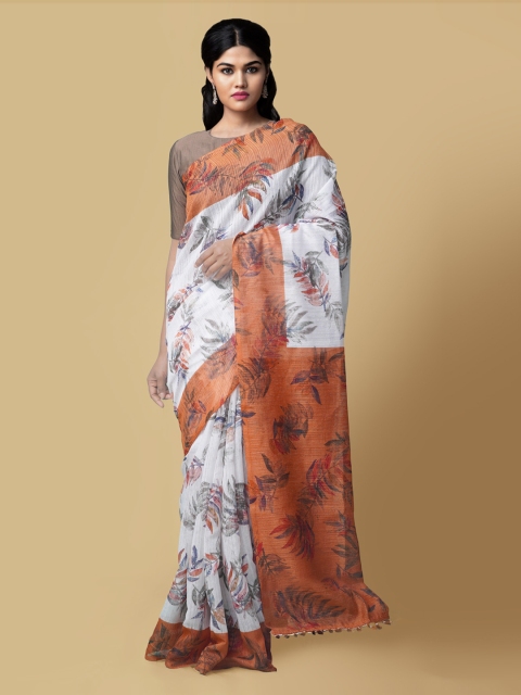 

Unnati Silks White & Brown Art Silk Printed Block Print Saree