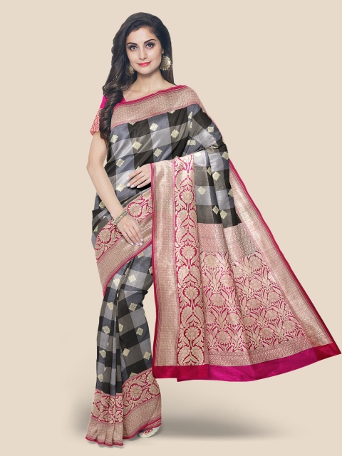 

KLM Fashion Mall Grey & Black Checked Banarasi Saree
