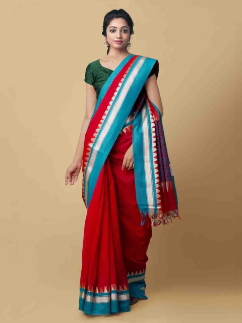 

Unnati Silks Red Silk Cotton Solid Baluchari Saree With Tasseled Pallu