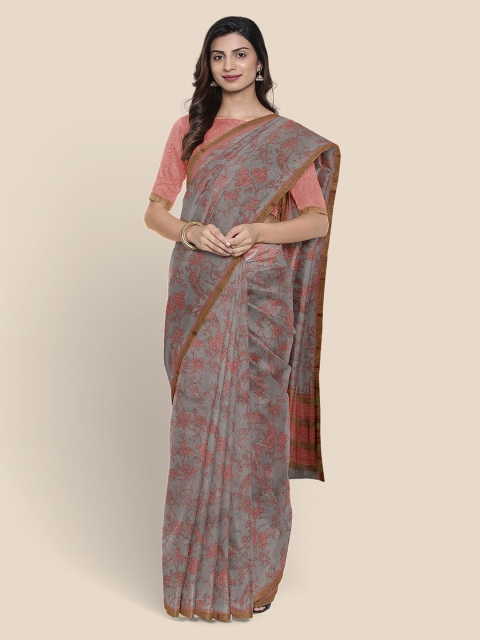 

KLM Fashion Mall Grey & Rust Orange Linen Blend Printed Banarasi Saree