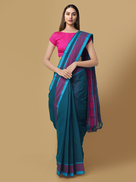 

Unnati Silks Blue & Magenta Pure Cotton Striped Mangalagiri Saree