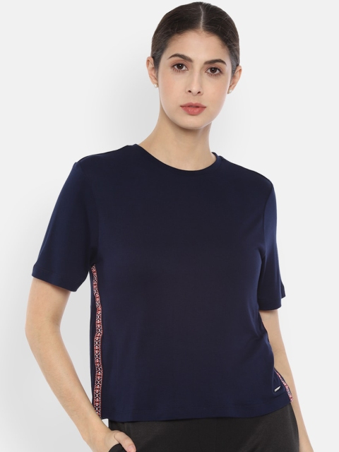 

Van Heusen Woman Navy Blue Solid Round Neck T-shirt with Embroidered Detail