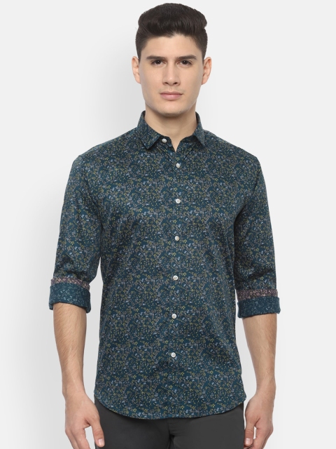 

V Dot Men Green Y Blue Pure Cotton Slim Fit Printed Casual Shirt