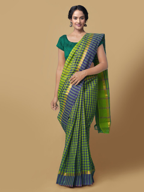 

Unnati Silks Blue & Green Pure Cotton Checked Mangalagiri Saree