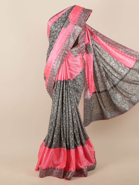 

Pothys Grey & Pink Jute Silk Colourblocked Saree