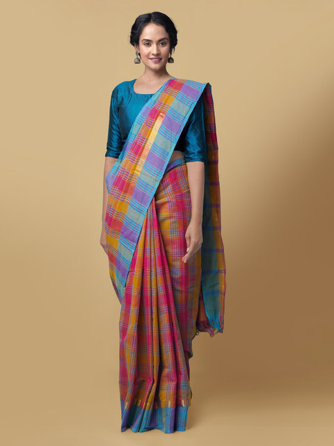 

Unnati Silks Multicoloured Pure Cotton Checked Mangalagiri Saree, Multi