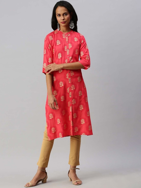 

Soch Women Coral Red & Beige Ethnic Motifs Print Straight Kurta