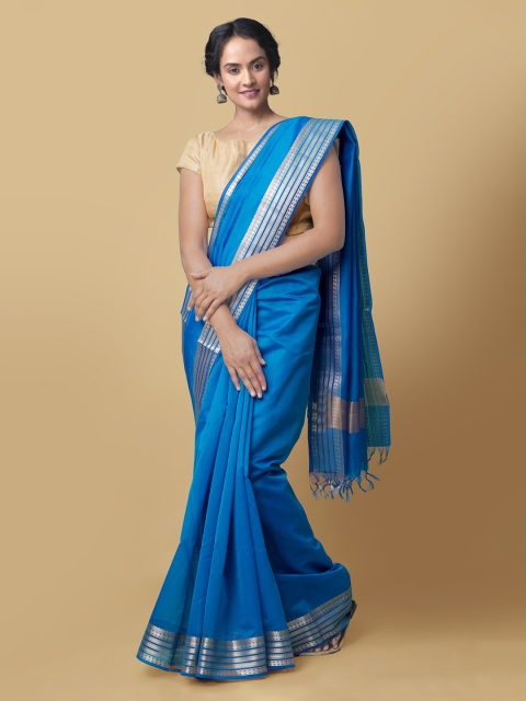 

Unnati Silks Blue Solid Handloom Baluchari Saree