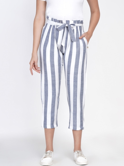 

FABNEST Women Blue & White Pure Cotton Tapered Fit Striped Cropped Trousers