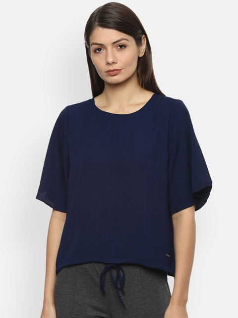 

Van Heusen Woman Navy Blue Solid Flared Sleeves Regular Top with Waist Tie-Ups