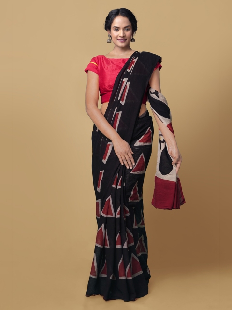 

Unnati Silks Black & Maroon Pure Cotton Bagru Print Handloom Patola Saree