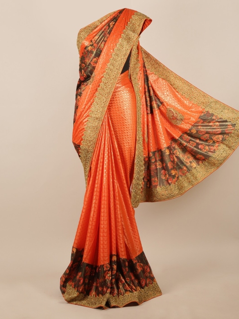 

Pothys Orange & Brown Woven Design & Floral Print Embellished Saree