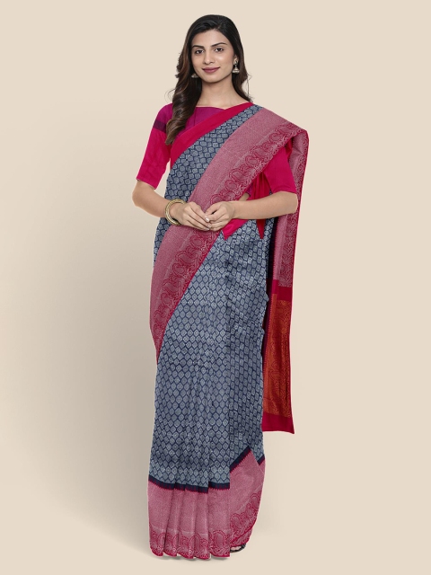 

KLM Fashion Mall Navy Blue & Silver Zari Woven Design Chanderi Saree