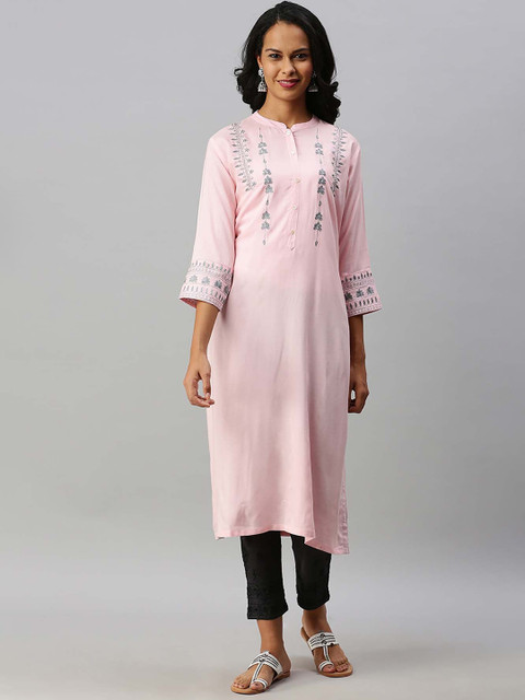 

Soch Women Pink & Grey Ethnic Motifs Yoke Design Thread Work Pastels Kurta