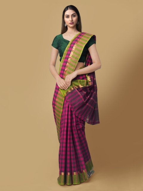 

Unnati Silks Pink & Green Pure Cotton Checked Mangalagiri Saree