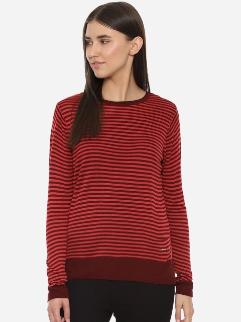 

Van Heusen Woman Maroon & Coral Orange Striped Pullover