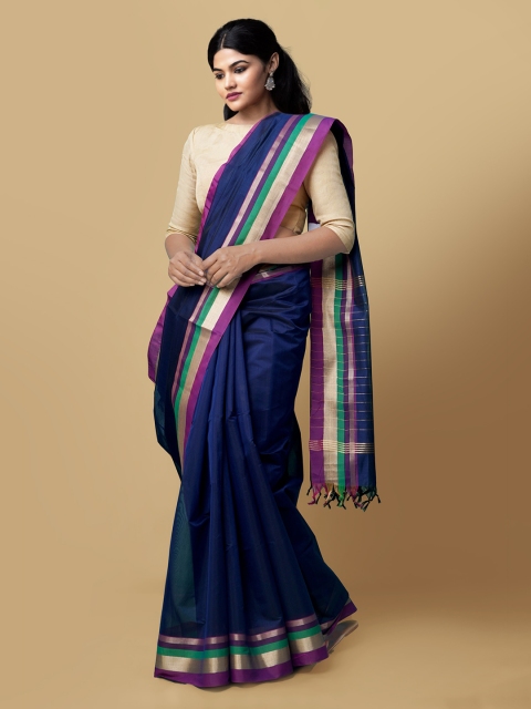 

Unnati Silks Navy Blue Solid Handloom Baluchari Saree