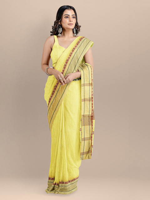 

BharatSthali Yellow & Gold-Toned Silk Cotton Solid Maheshwari Saree