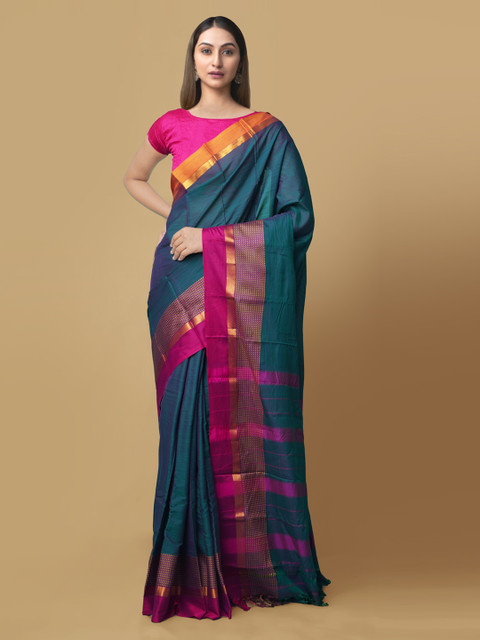 

Unnati Silks Teal Blue Pure Cotton Solid Handloom Narayan Peth Sustainable Saree